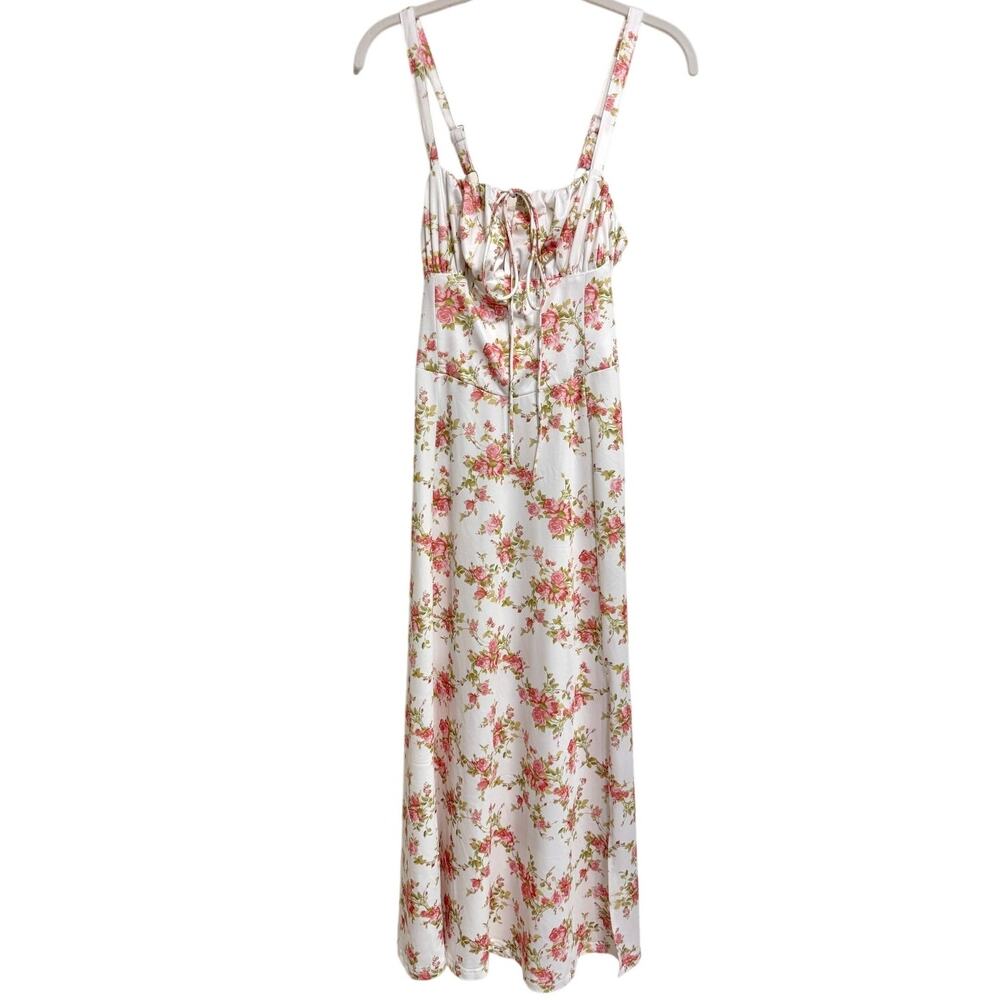 Milkmaid Babydoll Maxi Dress M White Rose Floral Corset Cottage Romantic Boho